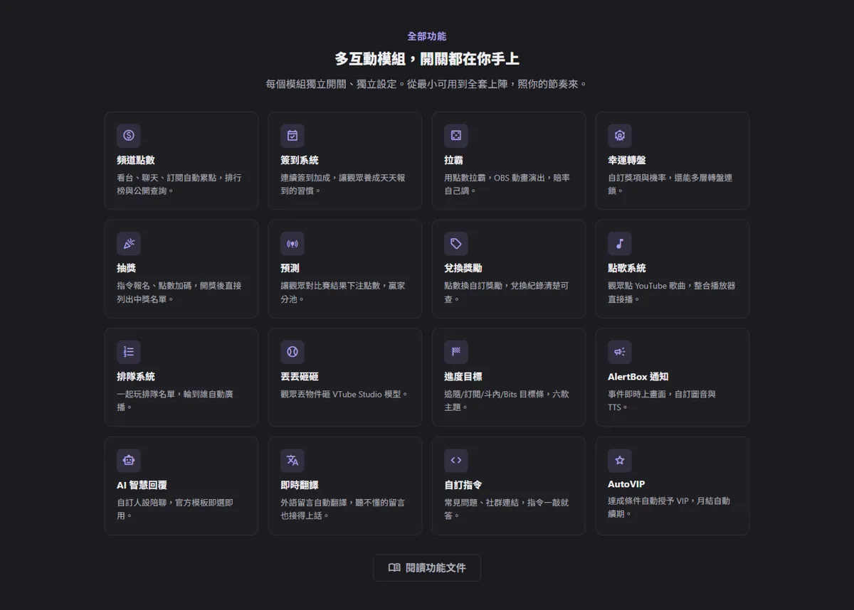 全部功能一覽:每個互動模組都能各自開關